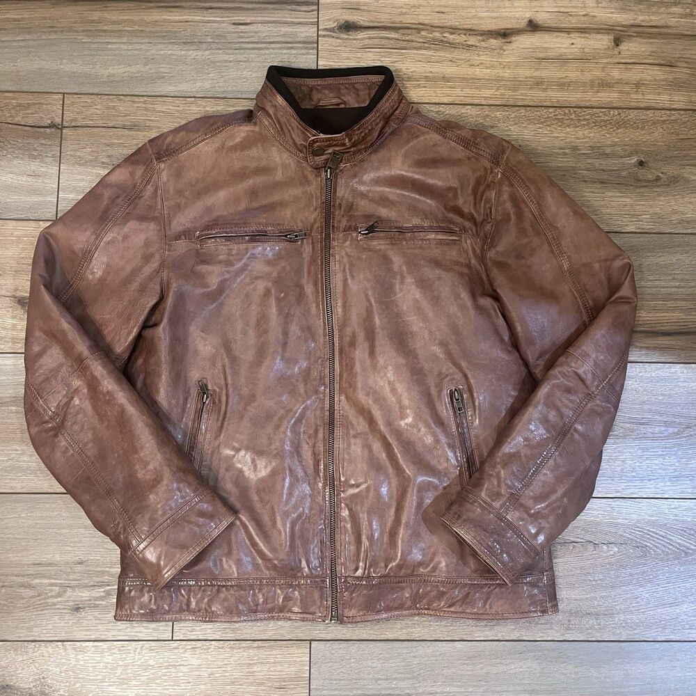 Black Rivet Cognac Brown Leather Moto Jacket Full Zip Up Men's L Biker Riding